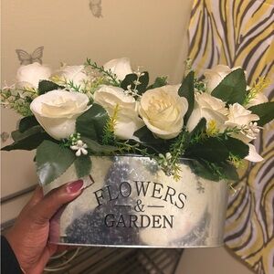 White Floral Arrangement in Silver Planter